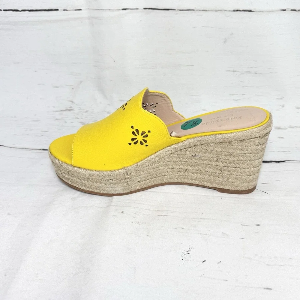 Kate Spade Shoes Women's 7.5 Yellow Wedge Espadrille Sandals Leather Platform